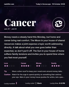 Cancer daily horoscope card, Monday, October 19, 2026