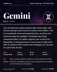 Gemini daily horoscope card, Monday, October 19, 2026