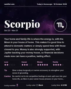 Scorpio daily horoscope card, Monday, October 19, 2026