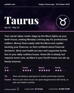 Taurus daily horoscope card, Monday, October 19, 2026