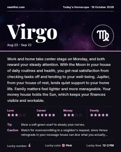 Virgo daily horoscope card, Monday, October 19, 2026