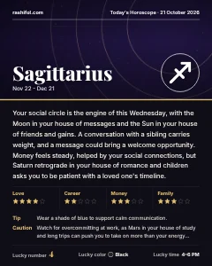 Sagittarius daily horoscope card, Wednesday, October 21, 2026