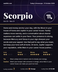 Scorpio daily horoscope card, Wednesday, October 21, 2026