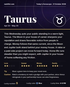 Taurus daily horoscope card, Wednesday, October 21, 2026